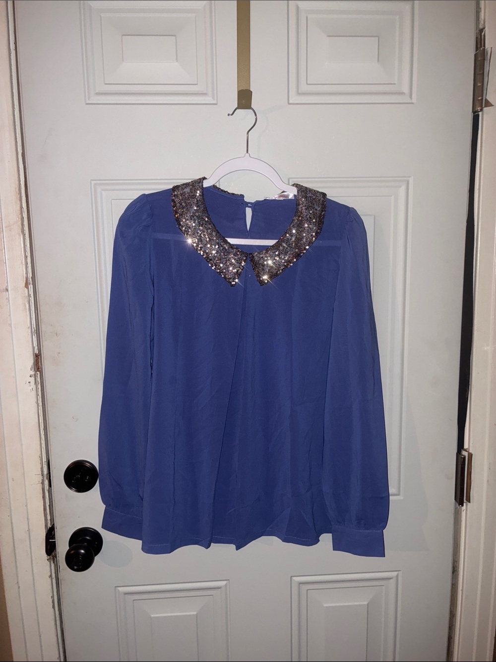 Sequin Collar Long-Sleeve Blouse in Blue
